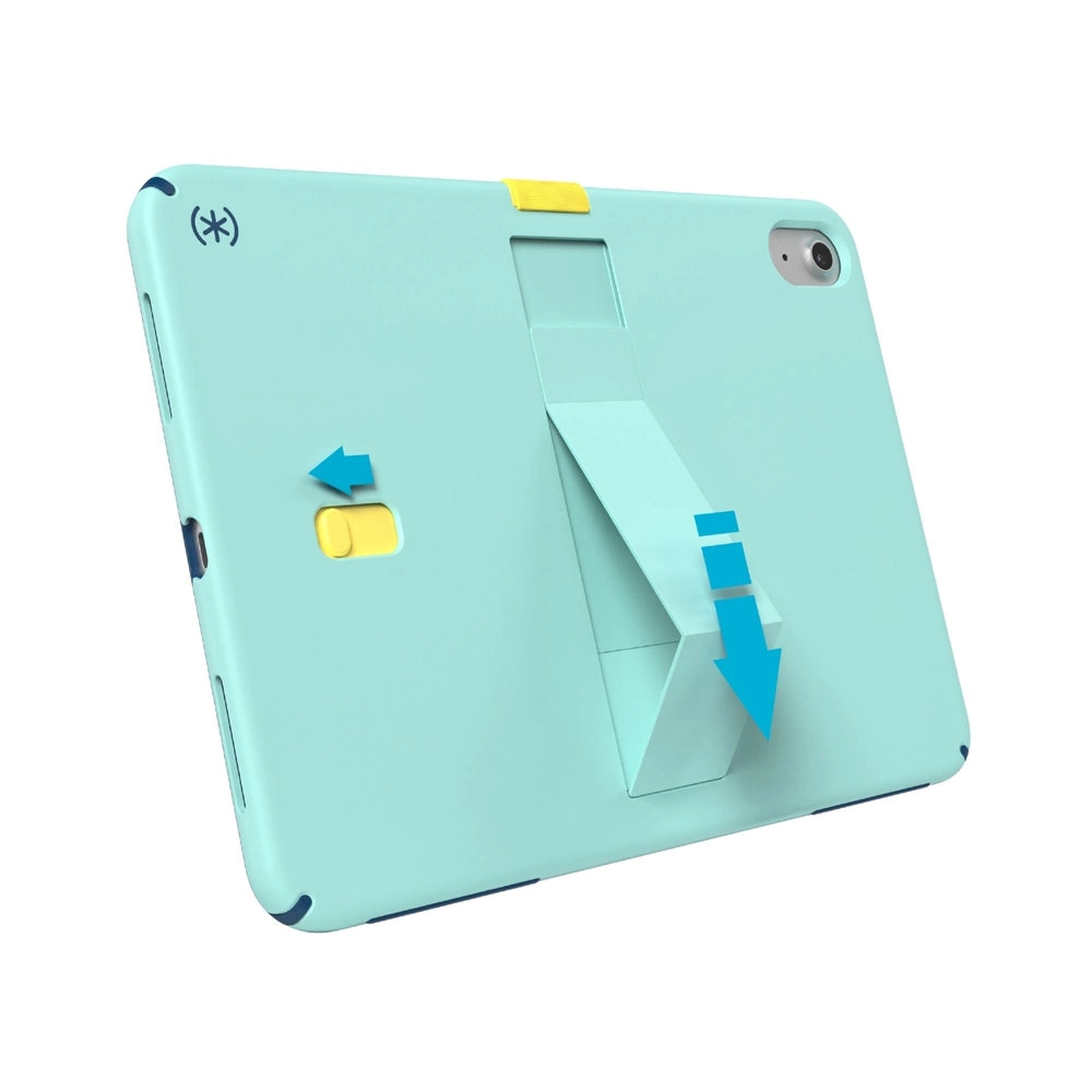 Cas_Speck_con_Soporte_para_iPad_11_10_Gen_Turquesa_Amarillo_Posicion_2_iShop_Costa_Rica