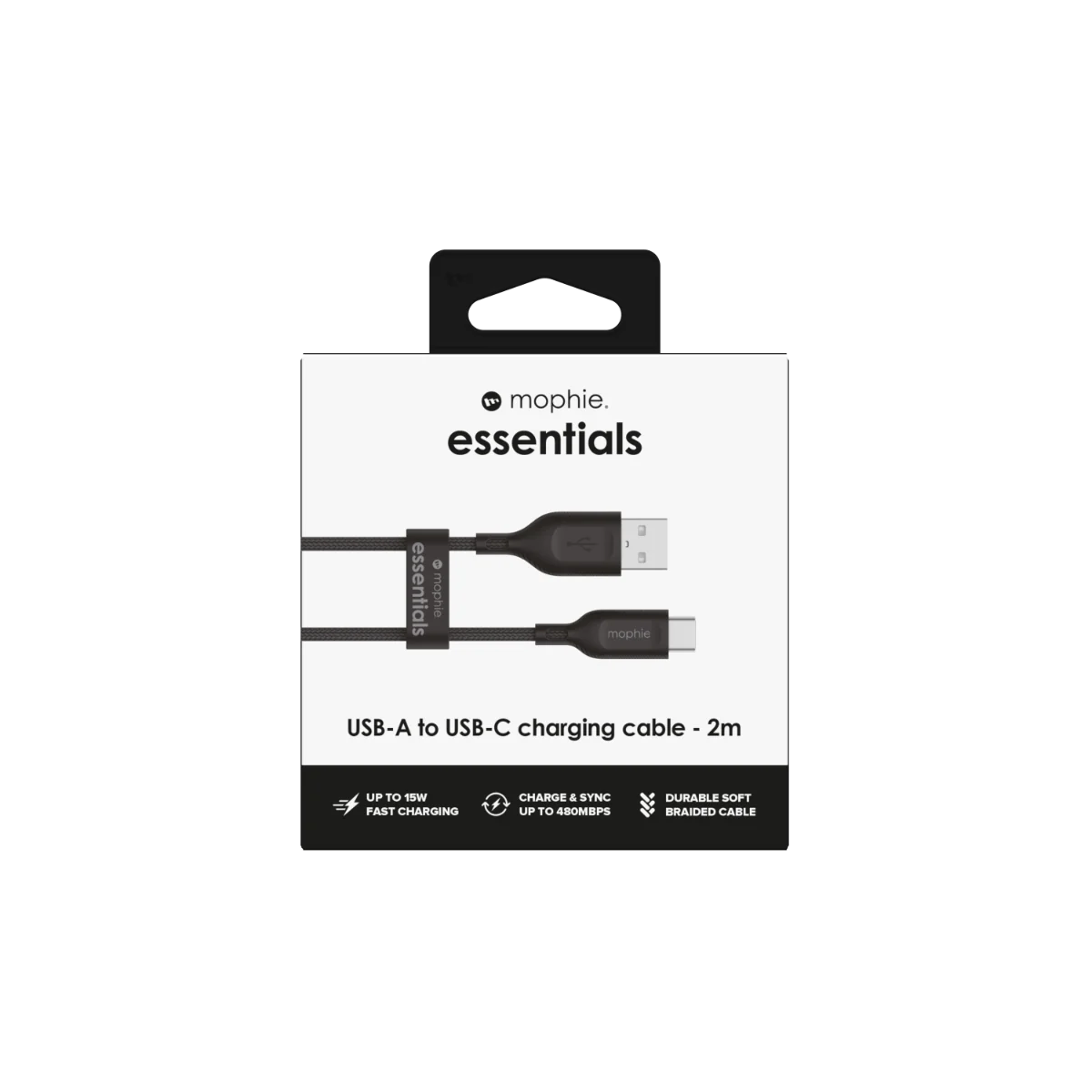 Cable Mophie essential trenzado USB-A a USB-C 15w 2m - Negro