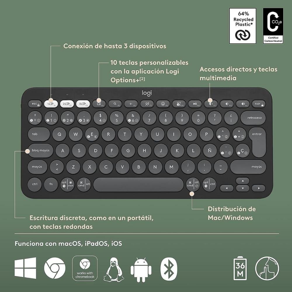 Teclado Bluetooth Multidispositivo Logitech Pebble Keys 2 K380s - Grafito
