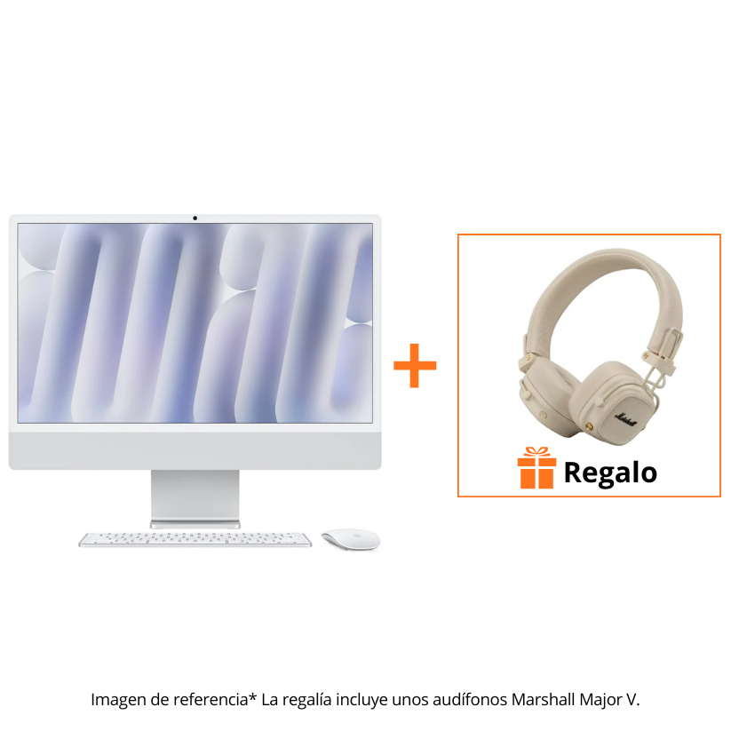 iMac 24 Chip M4 - 10GPU - 16GB RAM - 256GB - Vidrio Nanotexturizado - Plata + Audífonos Marshall Major V Bluetooth On Ear - Crema