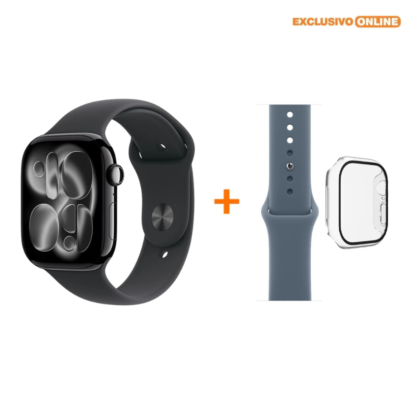 Apple Watch Series 11 (GPS) 46mm - Negro Azabache - Correa Deportiva Negra (M/L) + Case 360 ZAGG - Transparente + Correa Deportiva Apple Azul Ancla (S/M)