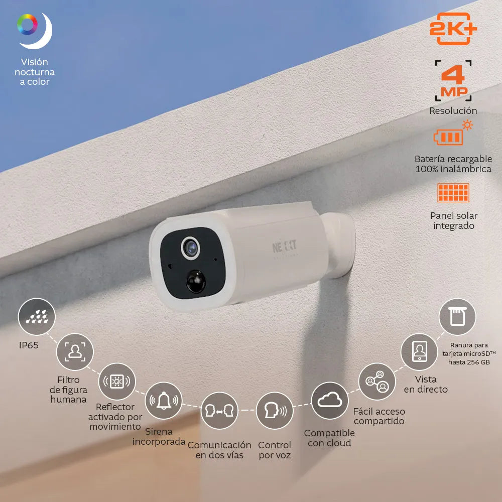 Cámara Nexxt para Exteriores 2K con Panel Solar Incorporado - Blanco